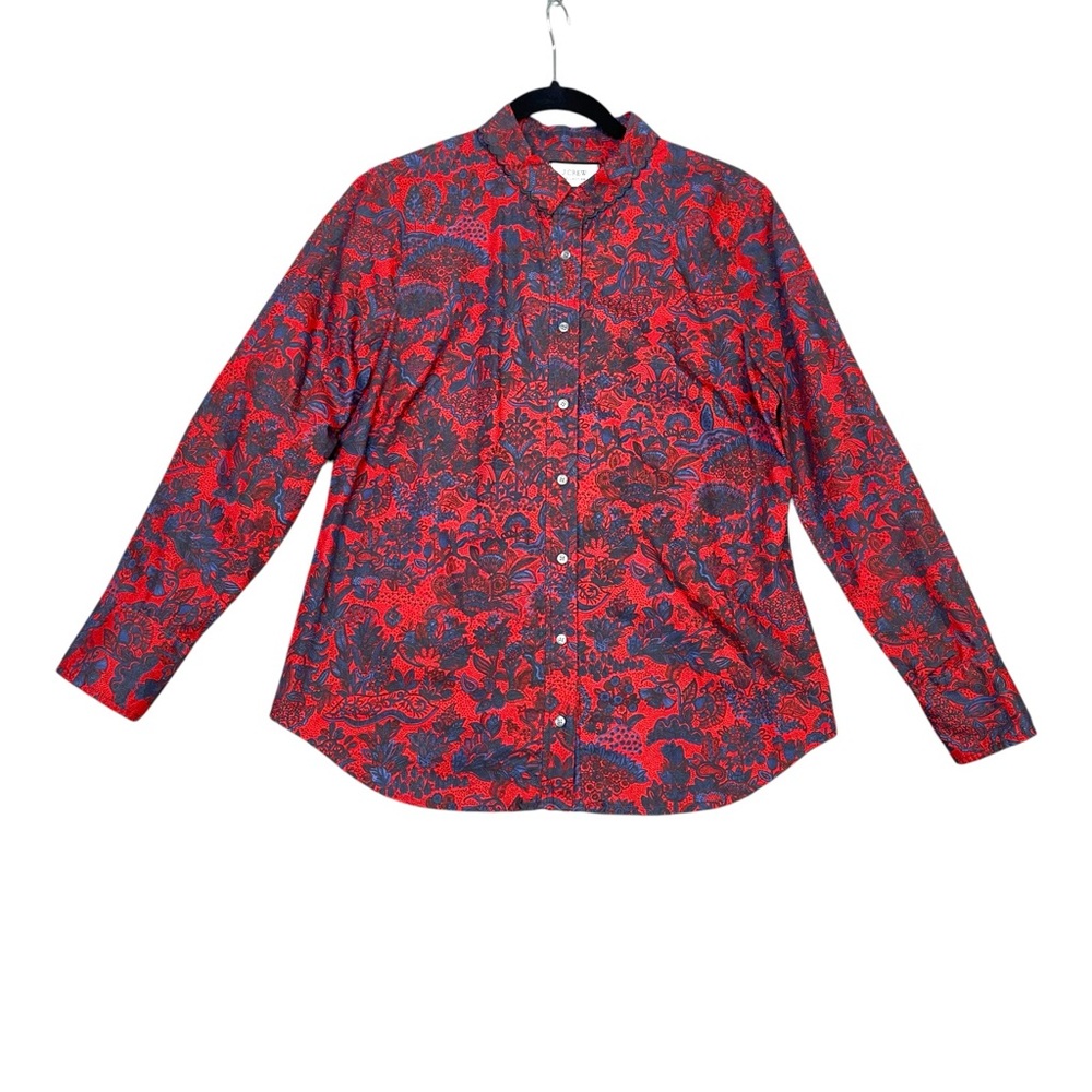 J Crew Collection Red Scallop Paisley Ruffle Slim Shirt Women Size 10 EUC